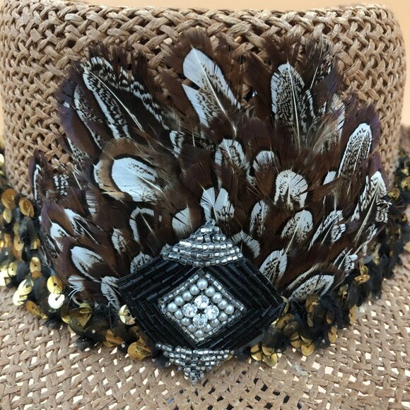 Boho Luxe Straw Hat Feather Beaded Sequin Band Festival Resort Statement main image 6